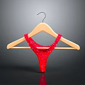 Elegant Red Lace Camisole Hanging On Wooden Hanger Against Dark Backdrop