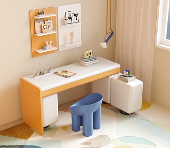 Modern Children's Desk and Chair Study Table and Chair Wall-mounted Bookshelf Books Children's Chair Chandelier 3d model