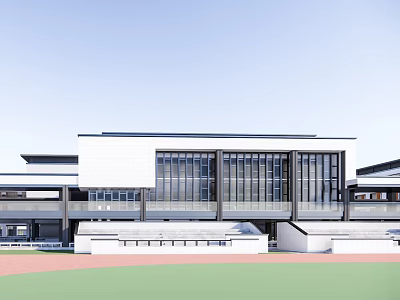 Modern School Building With White Exterior Large Glass Windows And Sports Field Area 3d model