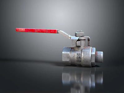 Stainless Steel Ball Valve With Red Handle On Reflective Surface 3d model