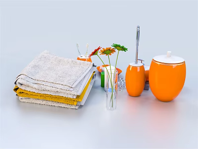 Bathroom Accessories Featuring Stack of Gray Yellow Towels Orange Cups Toothbrushes Vase with Flowers 3d model