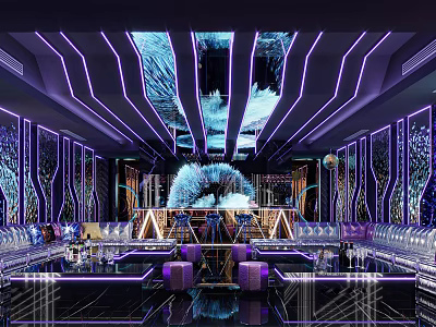 Modern KTV Interior Design With Purple Neon Lighting Central Decor And Seating Area 3d model
