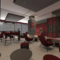 Modern Café Interior With Red Wall Logo Red Chairs Circular Patterns And City View Window 3d model