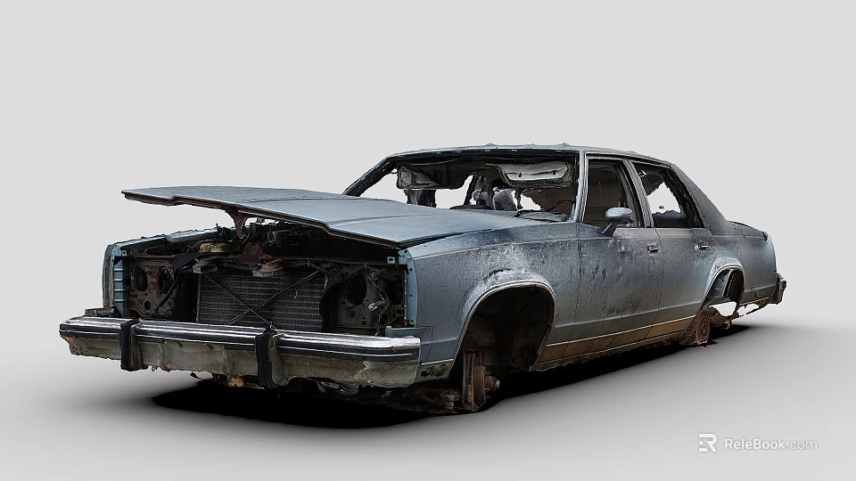 Rusty Abandoned Car With Open Hood And Damaged Exterior Body 3d model 