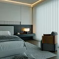 Modern Bedroom Interior With Platform Bed Nightstand Lamp And Sheer Curtains 3d model