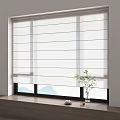 White Roman Blinds Covering Window With Mountain View And Windowsill Plants