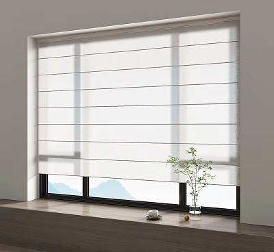 White Roman Blinds Covering Window With Mountain View And Windowsill Plants 3d model