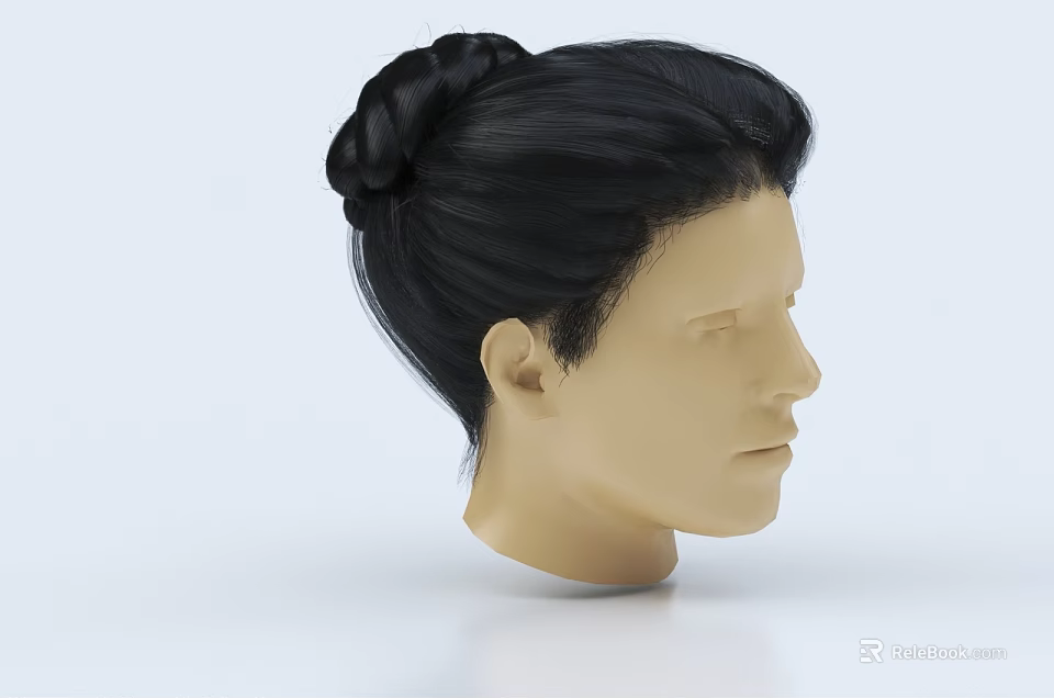 Realistic Human Head Model With Black Hair Bun Hairstyle And Visible Facial Organs Including Ear 3d model 