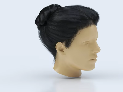 Realistic Human Head Model With Black Hair Bun Hairstyle And Visible Facial Organs Including Ear 3d model
