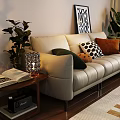 Beige Three Seater Sofa With Colorful Patterned Cushions Abstract Painting And Green Plants
