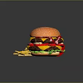 Delicious Cheeseburger With Bacon Lettuce Tomato And Golden French Fries In Red Packaging