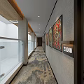 Elegant Hotel Corridor Interior With Room Number Sign Decorative Paintings And Patterned Carpet