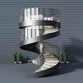 Modern Spiral Staircase Design With Silver Metal Frame Transparent Glass Railings And Potted Plants