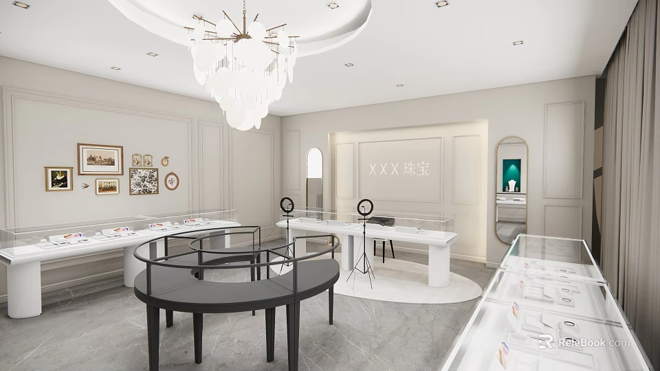 Elegant Jewelry Store Interior With Chandelier Display Cases And Luxury Jewelry Counters 3d model 