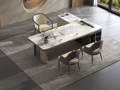 Modern Office Desk With Marble Top Comfortable Chairs And Laptop For Workspace Setup 3d model