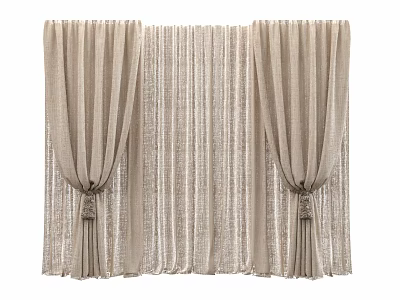 Beige Curtains With Draped Side Panels And Sheer Middle Layer Design 3d model