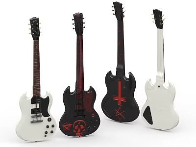 Electric Guitars With Artistic Decorative Patterns In Various Colors And Styles 3d model