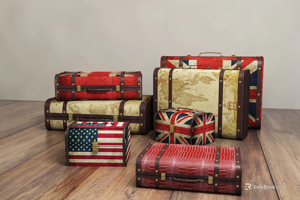 Vintage Suitcases with American Flag Union Jack and Map Prints on Wooden Floor 3d model 