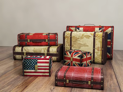 Vintage Suitcases with American Flag Union Jack and Map Prints on Wooden Floor 3d model