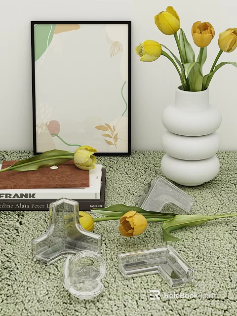 White Stacked Vase With Yellow Tulips Frank Book And Abstract Art On Tabletop 3d model 