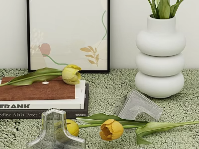 White Stacked Vase With Yellow Tulips Frank Book And Abstract Art On Tabletop 3d model