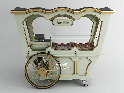 Amelie Functional Cart With Vintage Design Gold Accents Glass Display Case And Wheels 3d model