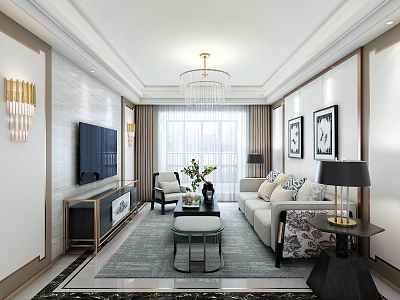 Modern Living Room Interior With Chandelier TV Sofa Coffee Table Rug And Decorative Paintings 3d model
