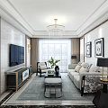 Modern Living Room Interior With Chandelier TV Sofa Coffee Table Rug And Decorative Paintings