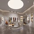 Modern Clothing Store Interior with Circular Ceiling Fashion Apparel Display Mannequins Sofa and Shoes