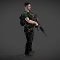 Military Male Character With Rifle In Tactical Vest Green T Shirt And Black Pants
