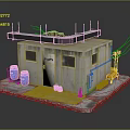 Small Construction Shed With Roof Structure Platform Base Blue Barrels Yellow Tools And Traffic Cone
