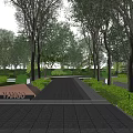 Scenic Garden Landscape With Wide Stone Pathway Tall Trees Neat Hedges And Lush Lawns