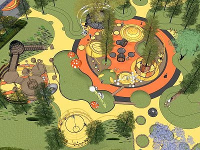 Garden Landscape Design Featuring Circular Paths Trees And Playful Mushroom Decorations 3d model