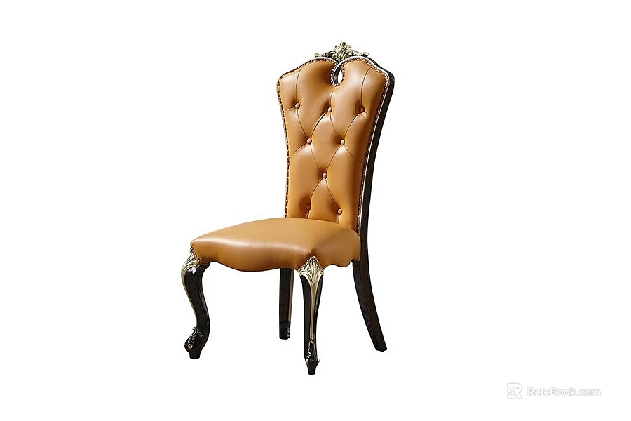 Elegant Brown Leather Dining Chair With Tufted Backrest And Carved Wooden Legs 3d model 