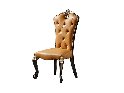 Elegant Brown Leather Dining Chair With Tufted Backrest And Carved Wooden Legs 3d model