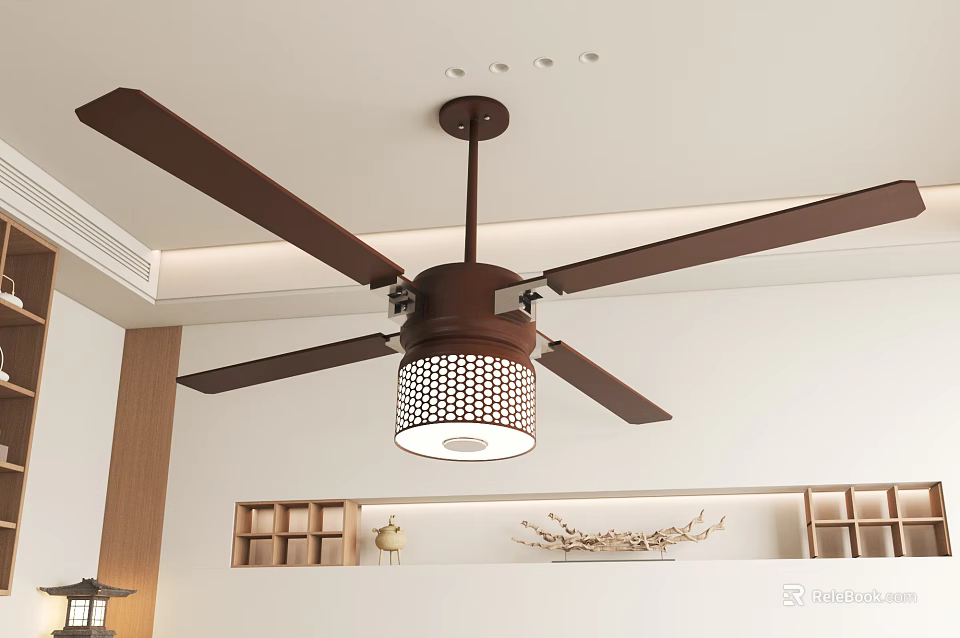 Modern Ceiling Fan With Brown Blades Caged Light And Wooden Shelves Indoor 3d model 