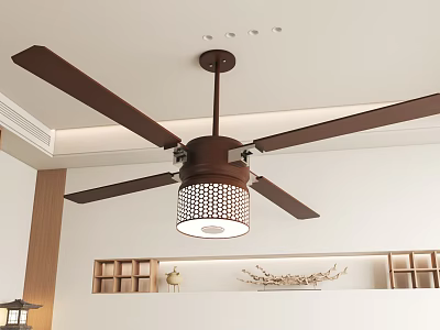 Modern Ceiling Fan With Brown Blades Caged Light And Wooden Shelves Indoor 3d model