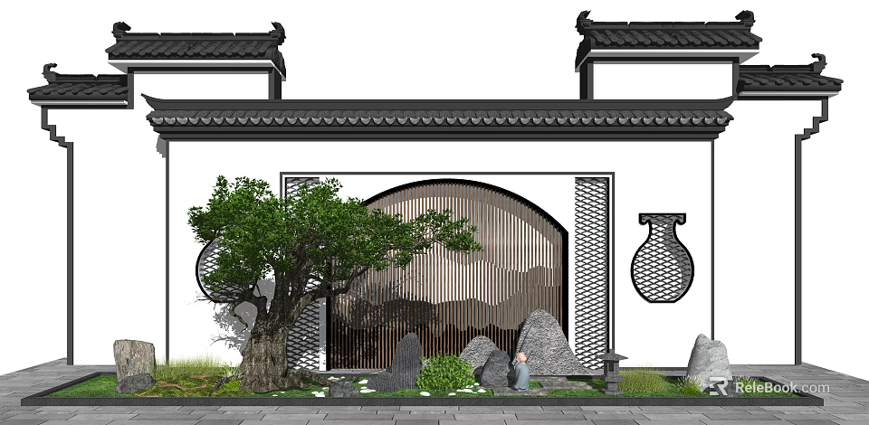 Chinese Style Scenic Wall With Arched Lattice Gate Black Tile Roof And Green Plants 3d model 