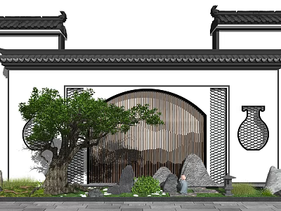 Chinese Style Scenic Wall With Arched Lattice Gate Black Tile Roof And Green Plants 3d model