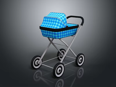 Blue Checkered Baby Stroller with Canopy Four Wheels and Metal Frame Design 3d model