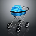 Blue Checkered Baby Stroller with Canopy Four Wheels and Metal Frame Design