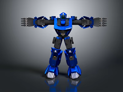 Blue Mechanical Robot With Outstretched Arms And Shiny Metal Armor Standing Pose 3d model