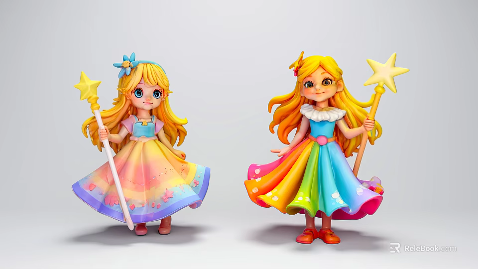 Cute Blonde Game And Movie Characters With Rainbow Colored Dresses And Star Wands 3d model 