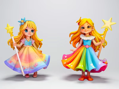 Cute Blonde Game And Movie Characters With Rainbow Colored Dresses And Star Wands 3d model