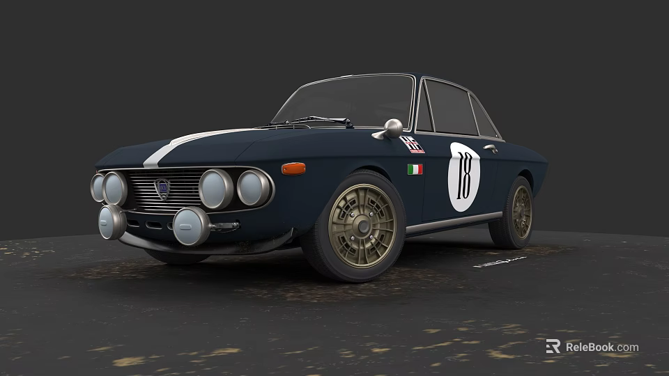 Vintage Blue Sports Car With White Stripe Number 18 Italian Flag And Gold Wheels 3d model 