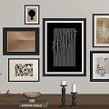 Multiple Abstract Paintings On Wall With Frames And Decorative Shelf Elements 3d model