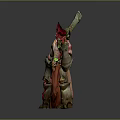 Fantasy Game Movie Character Featuring Red Horns Pink Body Large Sword Orange Cloak And Tail