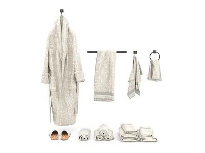 Soft Beige Bath Towels With Hanging Robe Folded Towels And Slippers 3d model