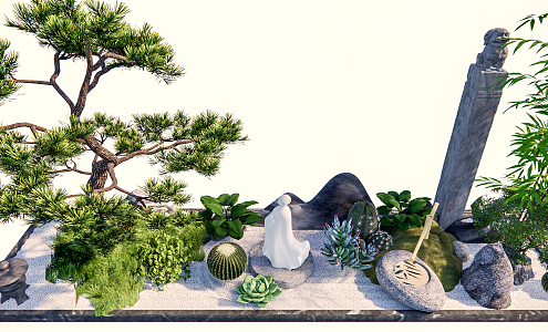 New Chinese style landscape sketch rockery waterscape dry landscape rockery pine zen scene 3d model