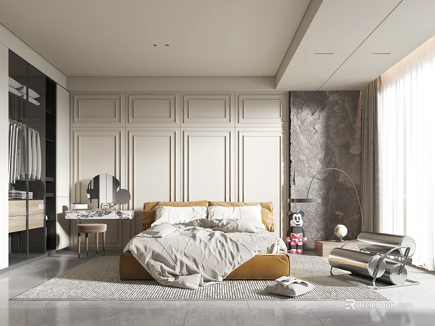 Modern Bedroom Interior Design With Paneled Walls Upholstered Bed Floor Rug And Large Window 3d model 